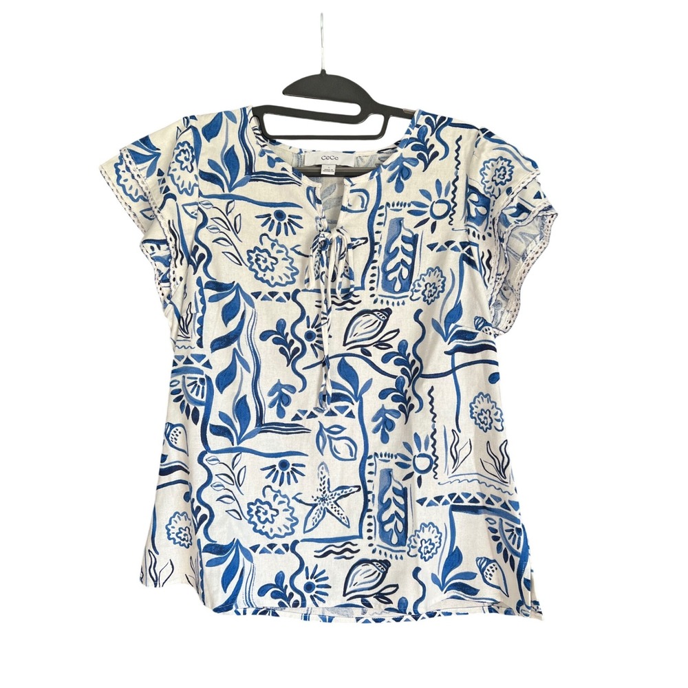 CeCe Blue White Coastal Shell Print Linen Blend Flutter Sleeve Tie Neck Top S